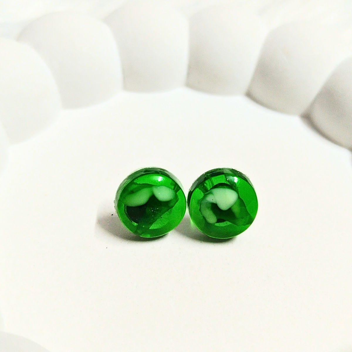 Glossy Green swirl round resin stud earrings for women and girls