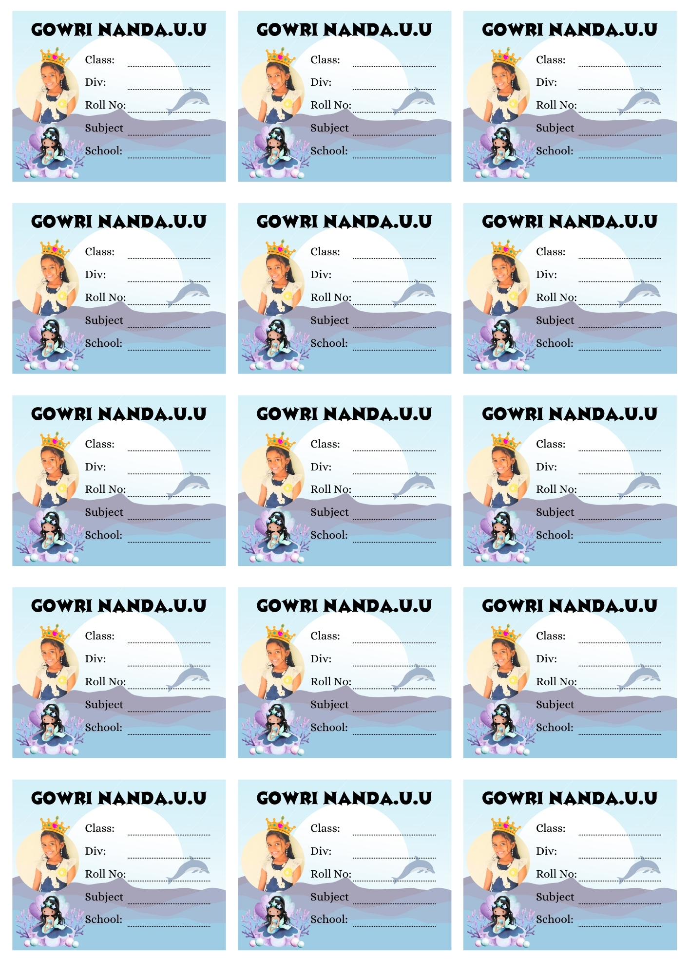 Personalized name stickers for kids – ocean theme with child photo and class details