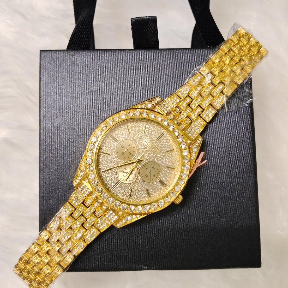 ROSRA Men's Gold Watch with Stone Studded Strap – Display on black gift box