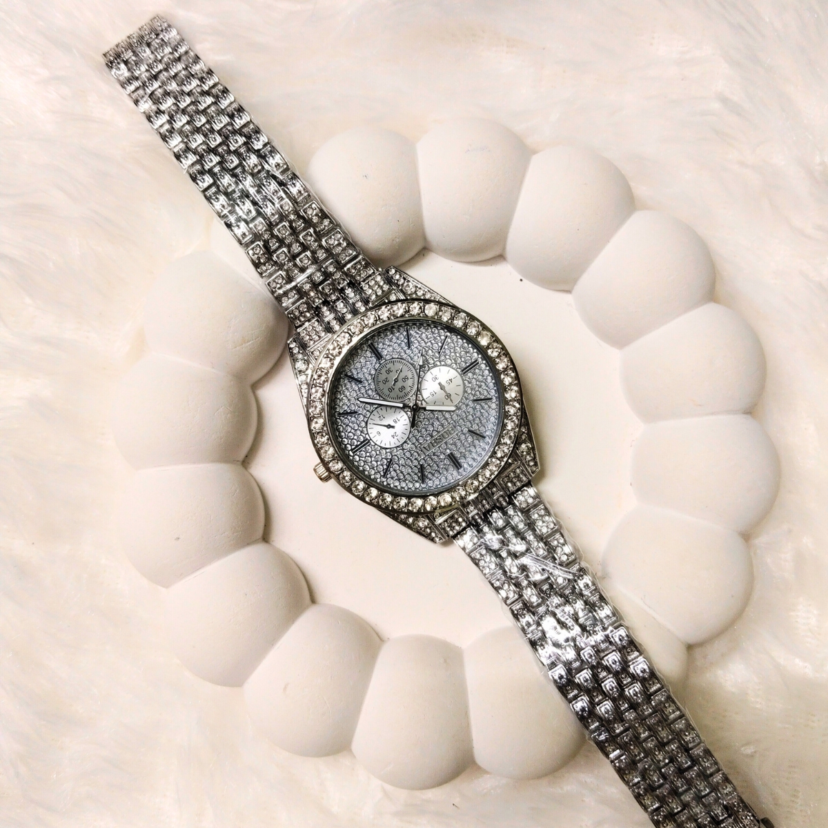 ROSRA Men's Silver Watch with Crystal Studded Strap and Dial – Luxury Display