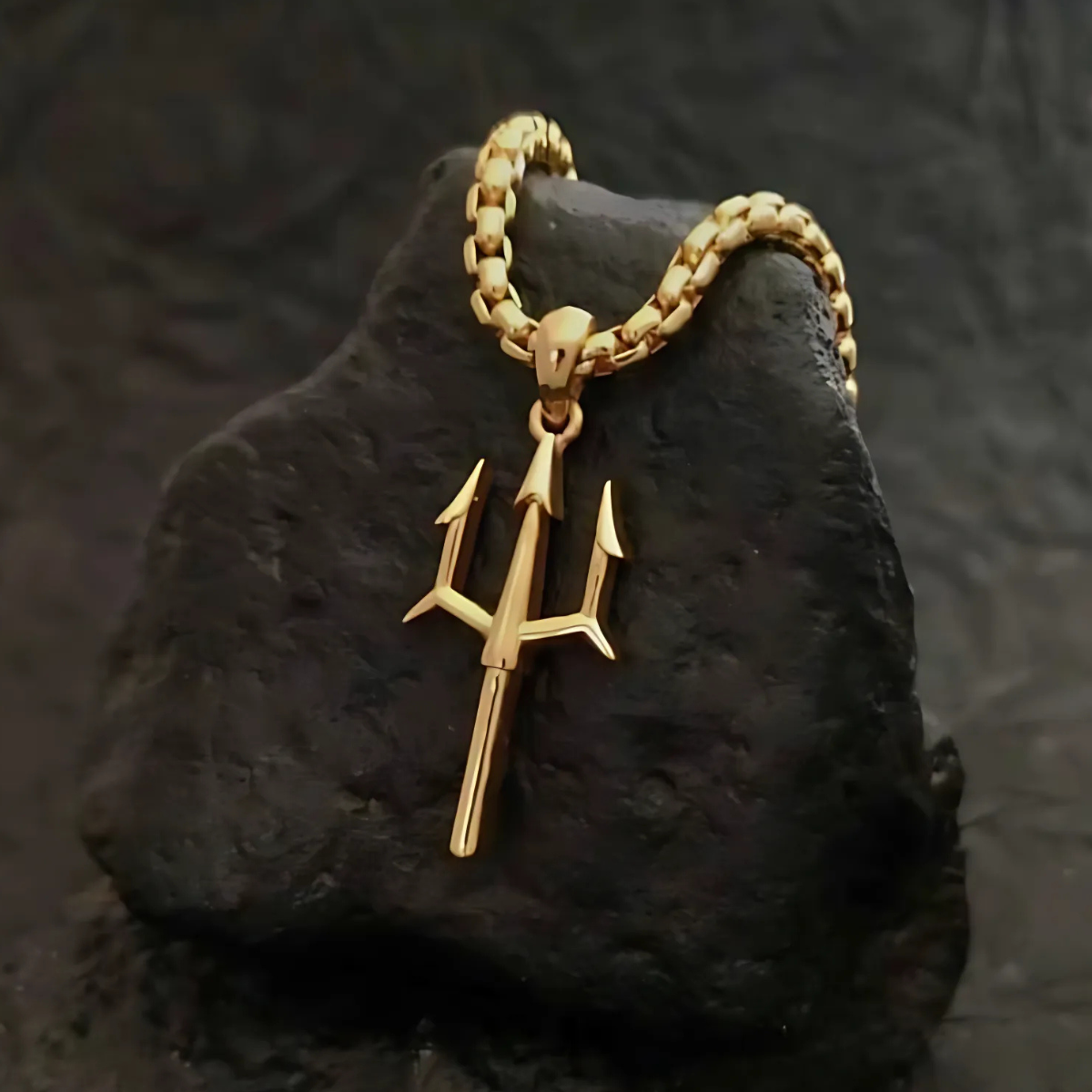 Gold Trishul pendant necklace with bold chain inspired by Lord Shiva – symbol of power and protection