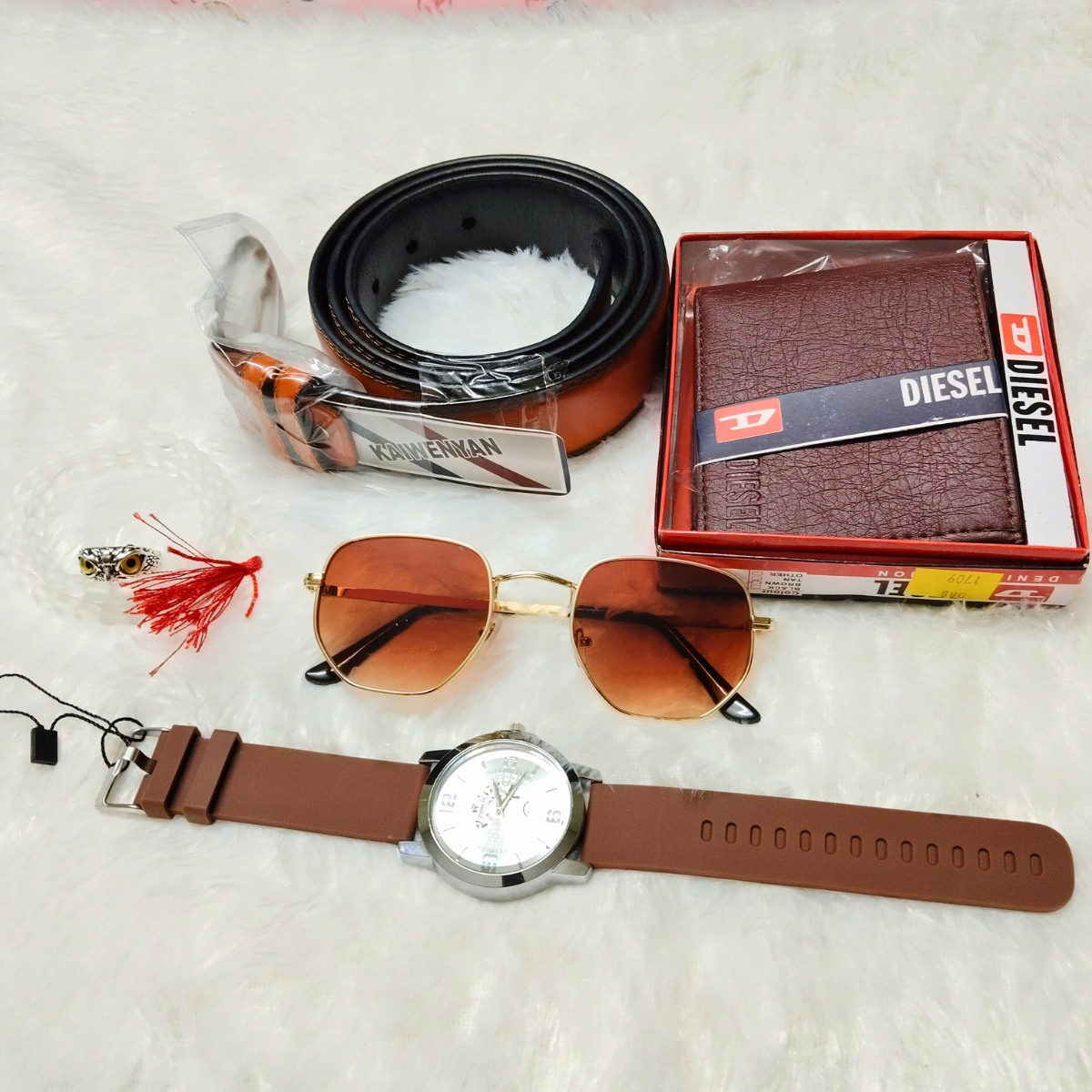 6-in-1 men’s fashion combo set with belt, wallet, sunglasses, wristwatch, white bead chain, and owl ring on white background
