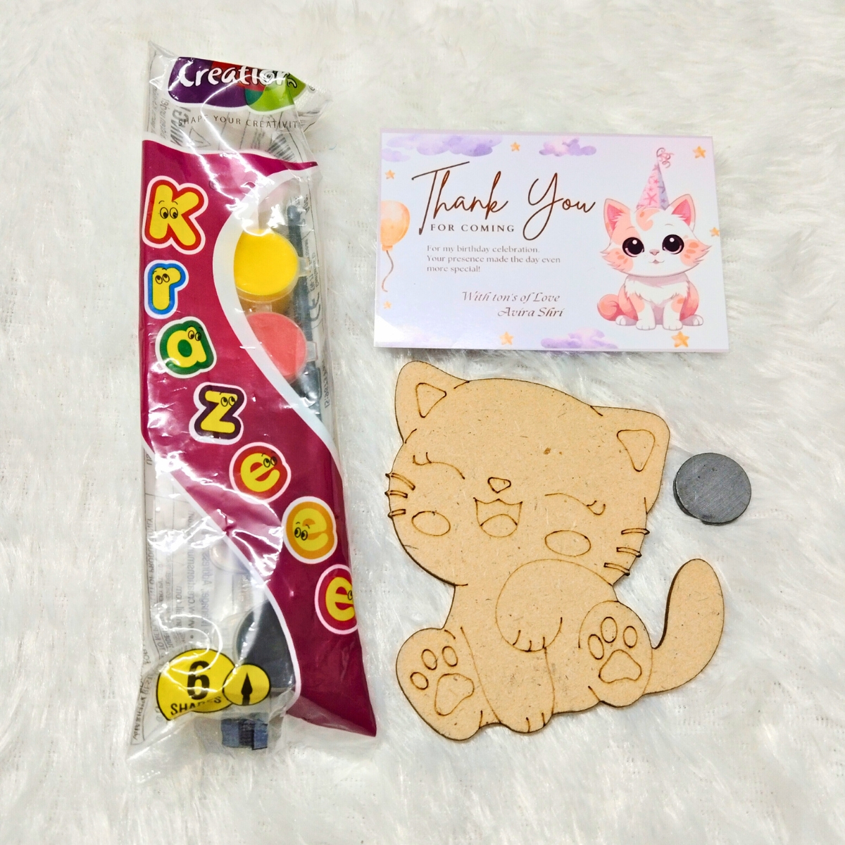 DIY Magnet Return Gift Kit with Cat MDF Board, Paints, Brush, and Thank You Card
