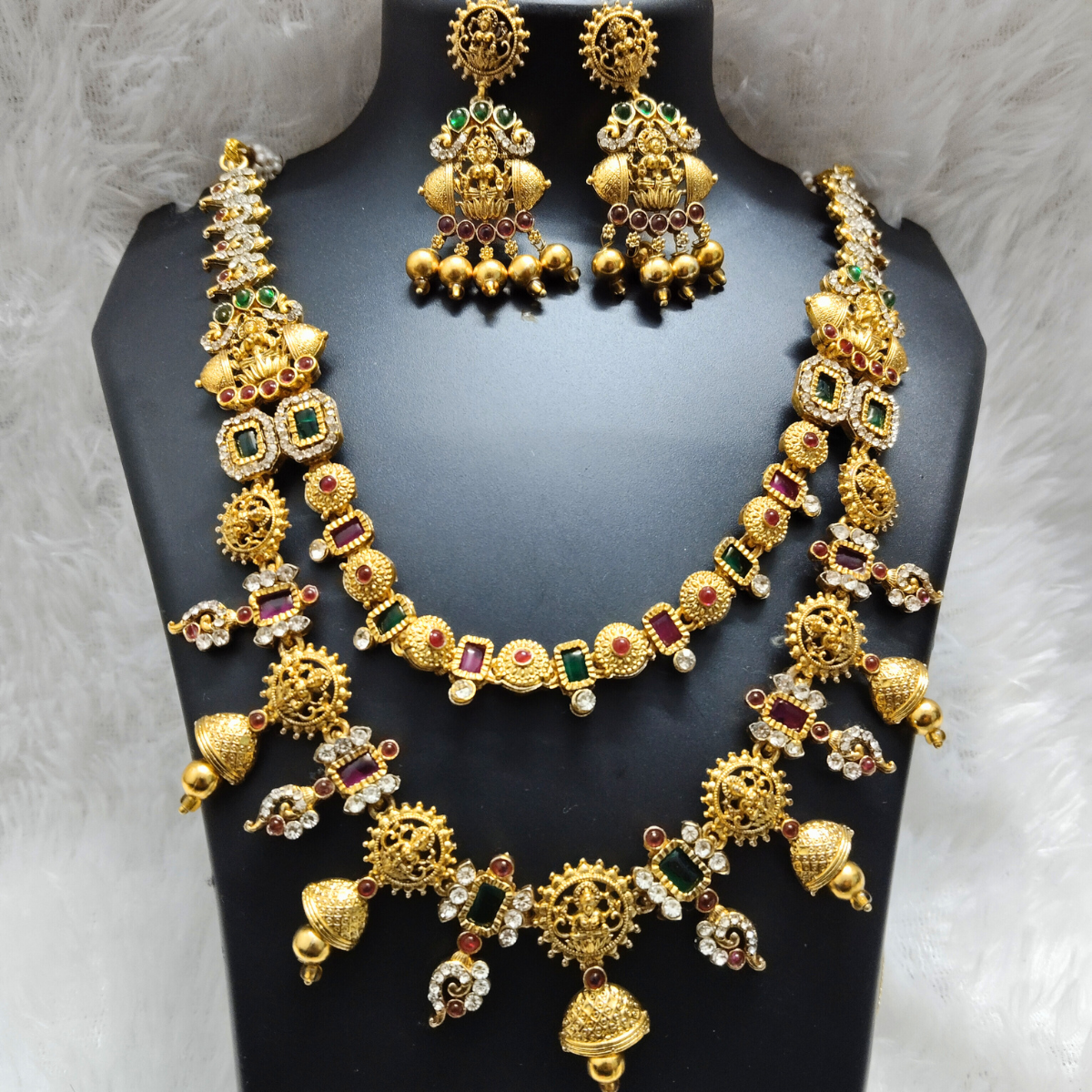 Double Layered Bridal Temple Haram Necklace Set with Ruby and Green Stones in Antique Gold