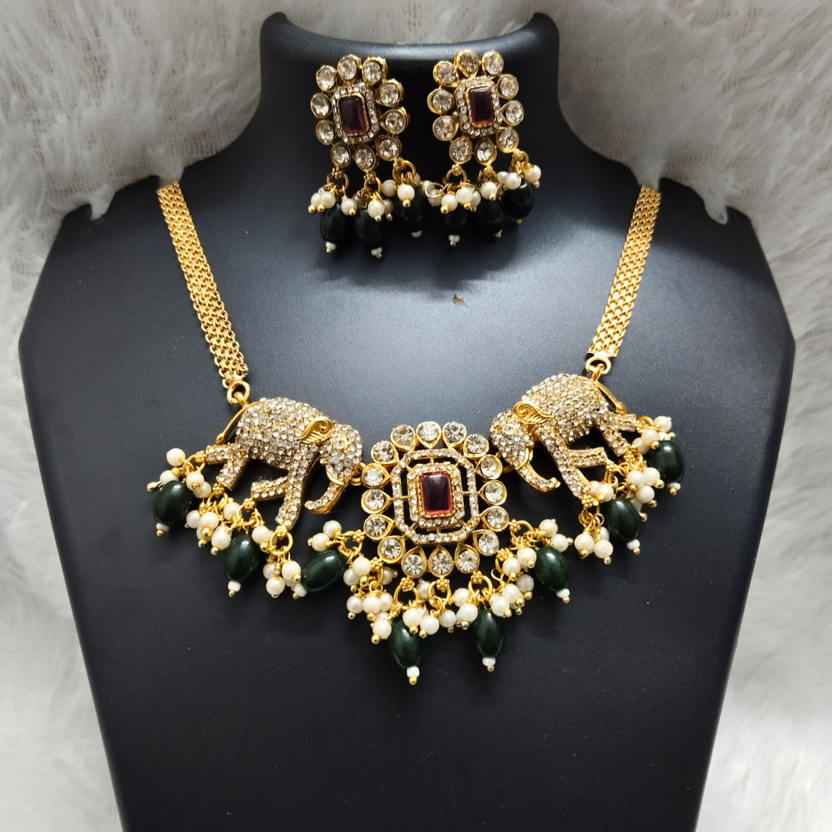 Royal Elephant Motif Choker Necklace Set with Pearls and Matching Earrings