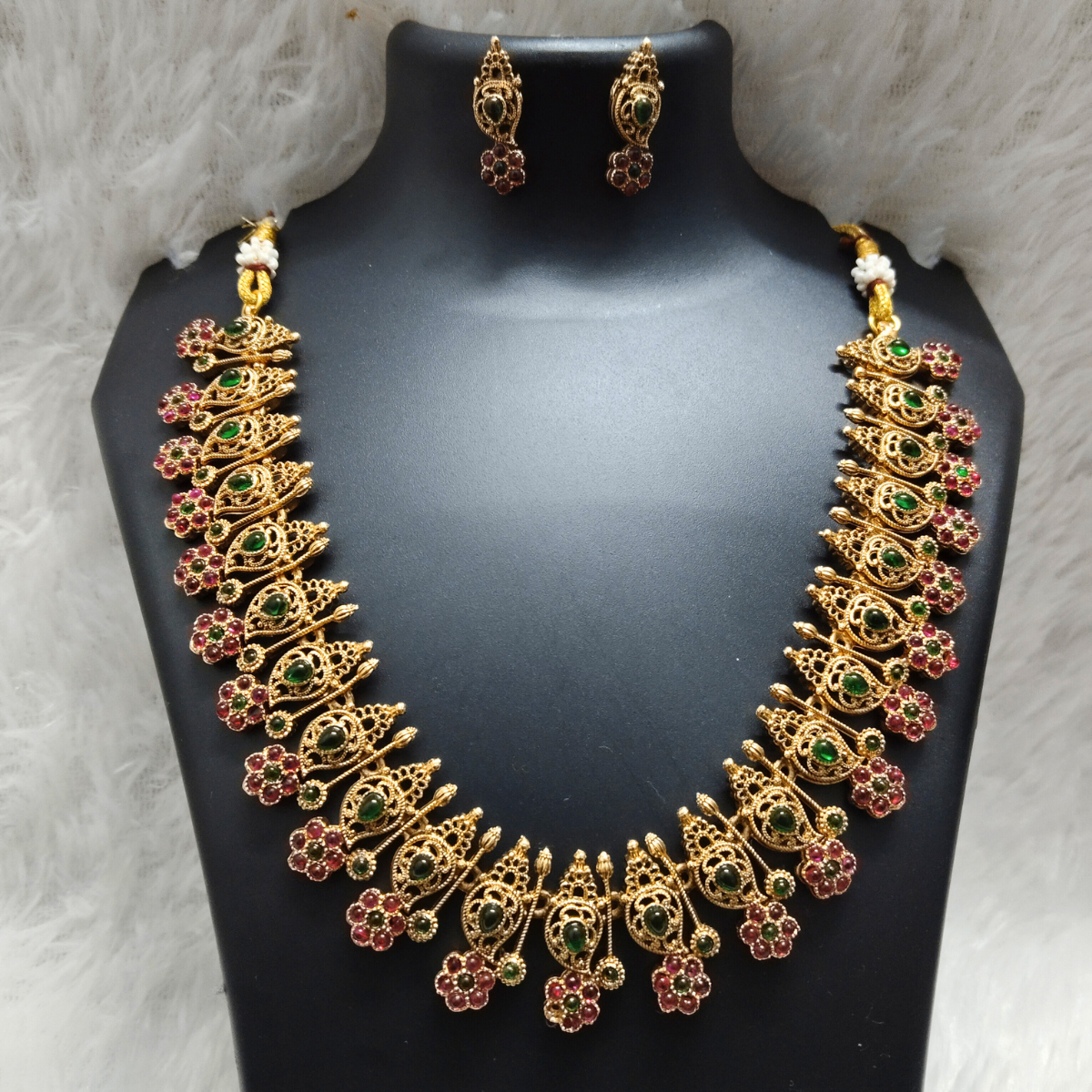 Antique Floral Temple Necklace Set with Ruby and Green Stones and Matching Earrings