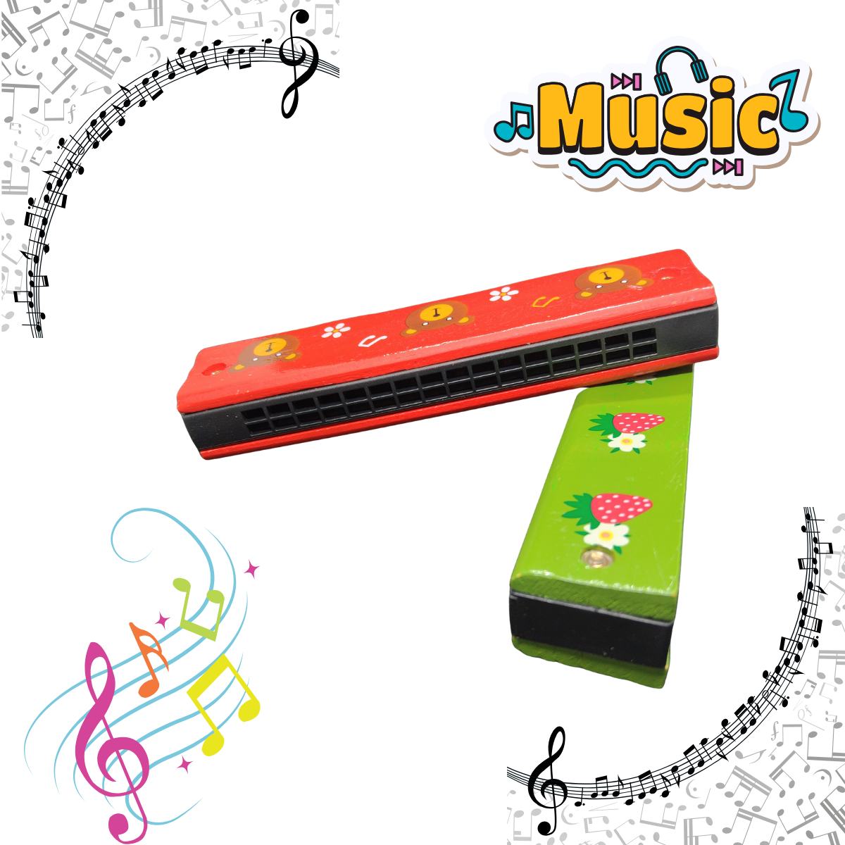 Wooden mouth organ for kids in green with strawberry design – assorted colors and random design available