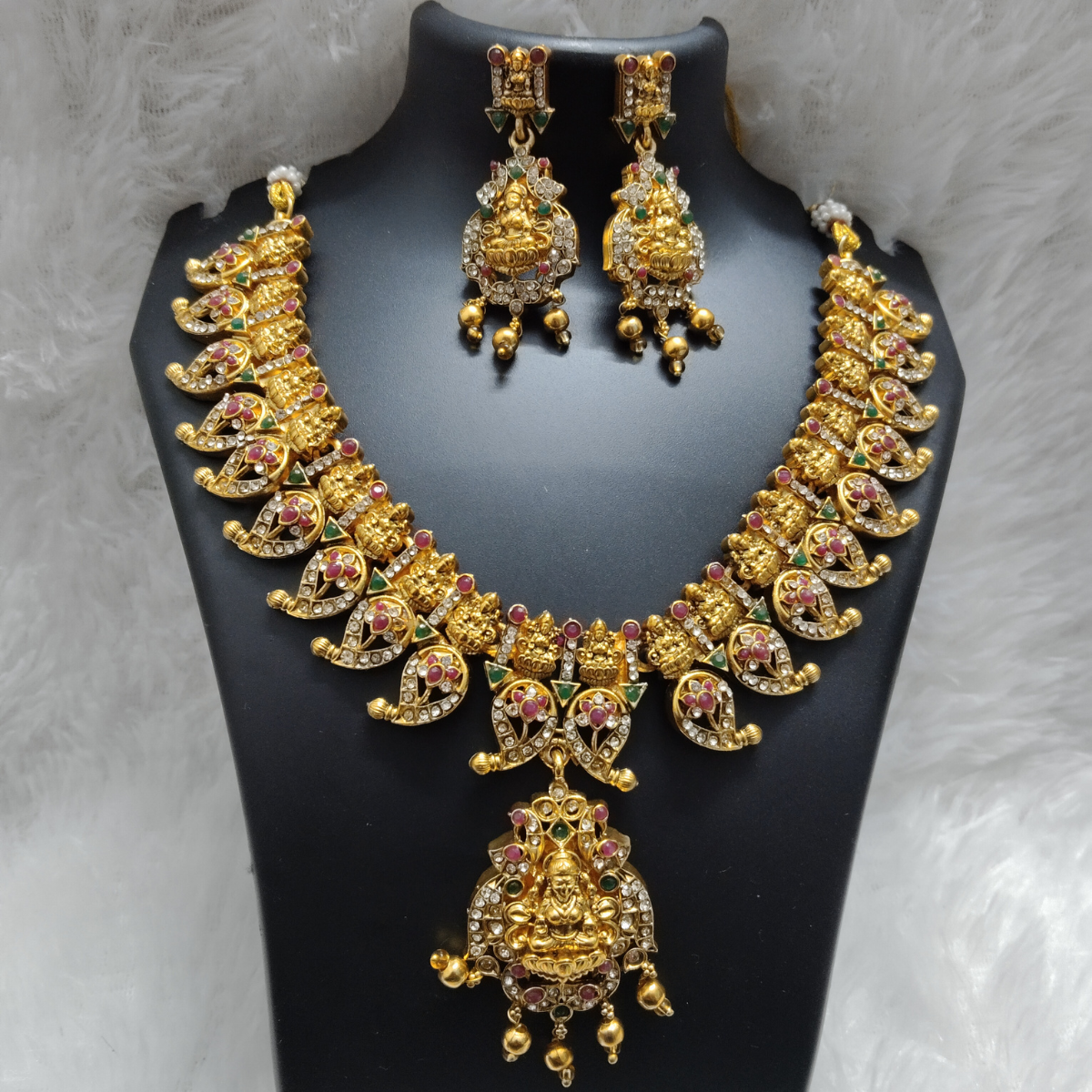Bridal Lakshmi Temple Necklace Set in Antique Gold Finish with Matching Earrings